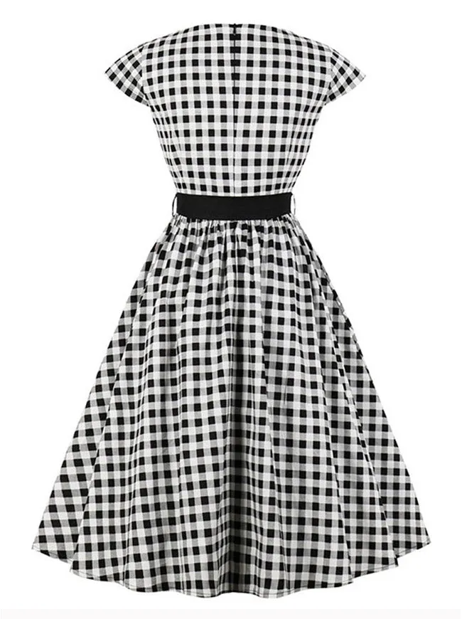 1950's Retro Rockabilly Prom Plaid Print Dress With Blet