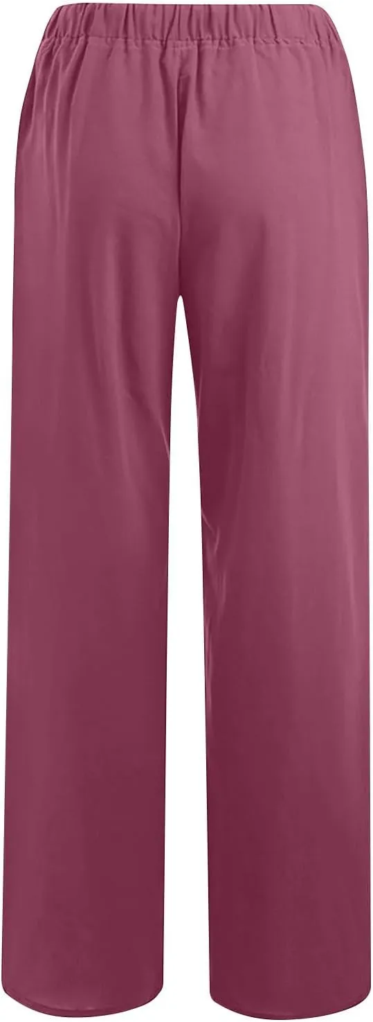2 Pack Womens Cotton Linen Pants Casual Summer Wide Leg Elastic Waist Trousers Beach Comfy Lounge Slacks with Pockets