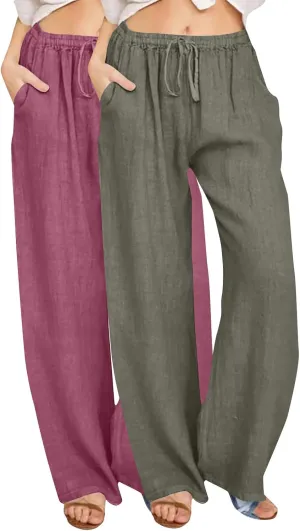 2 Pack Womens Cotton Linen Pants Casual Summer Wide Leg Elastic Waist Trousers Beach Comfy Lounge Slacks with Pockets