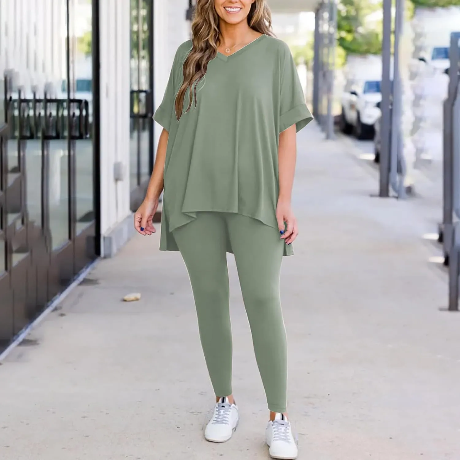 2 Piece Loungwear for Women Summer Pajama Set Oversized Short Sleeve V Neck Tops and Skinny Pants Sleepwear Tracksuit