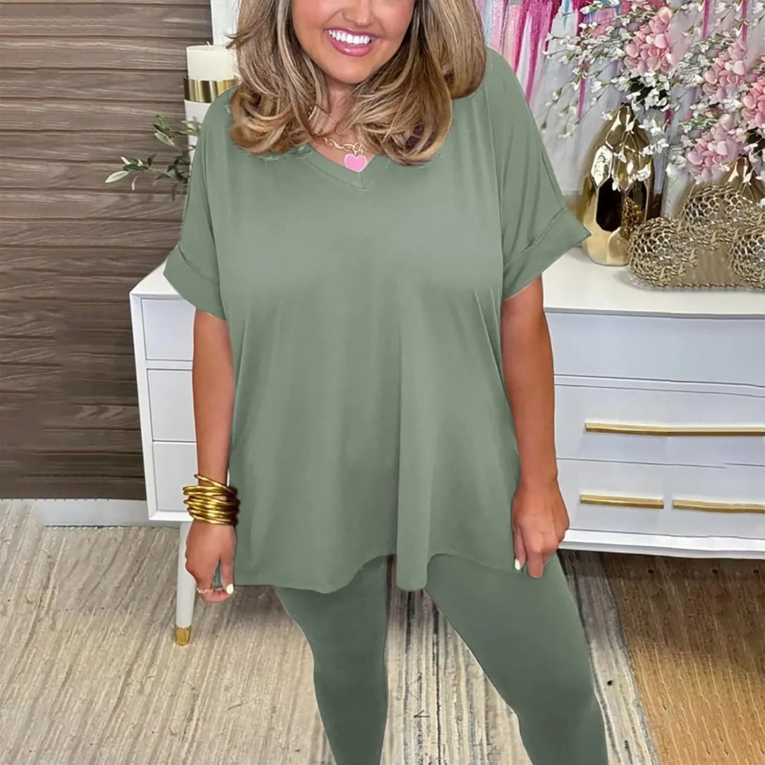 2 Piece Loungwear for Women Summer Pajama Set Oversized Short Sleeve V Neck Tops and Skinny Pants Sleepwear Tracksuit