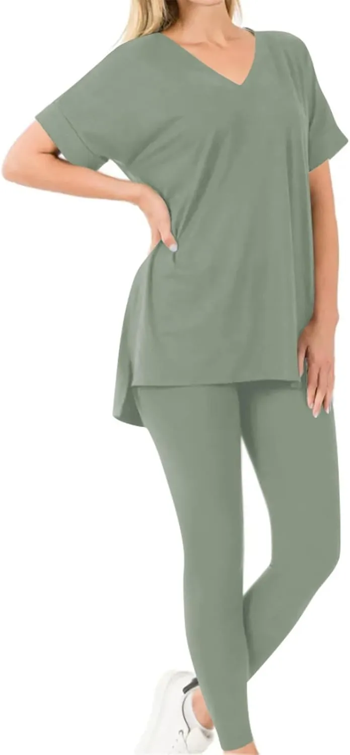 2 Piece Loungwear for Women Summer Pajama Set Oversized Short Sleeve V Neck Tops and Skinny Pants Sleepwear Tracksuit