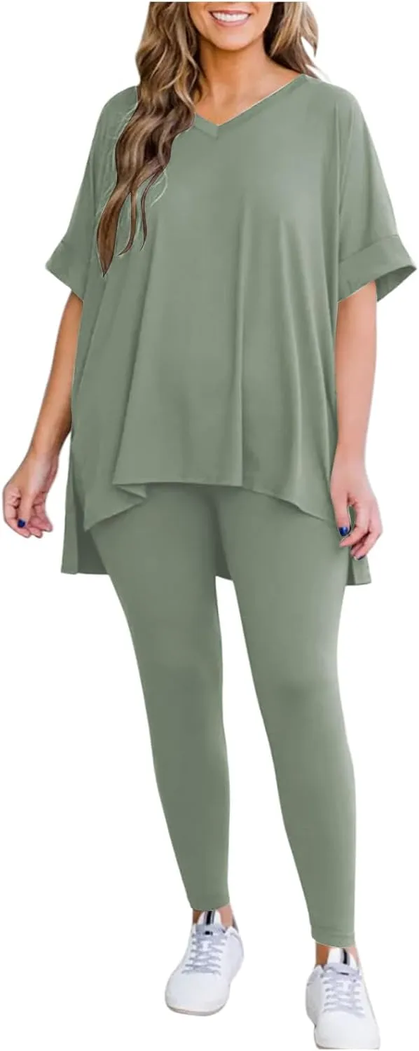 2 Piece Loungwear for Women Summer Pajama Set Oversized Short Sleeve V Neck Tops and Skinny Pants Sleepwear Tracksuit