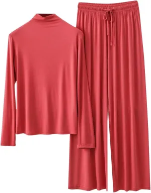 2 Piece Outfit Modal Lounge Set for Women Soft Comfy Pajamas Casual Mock Turtleneck Long Sleeve Tops Wide Leg Pants