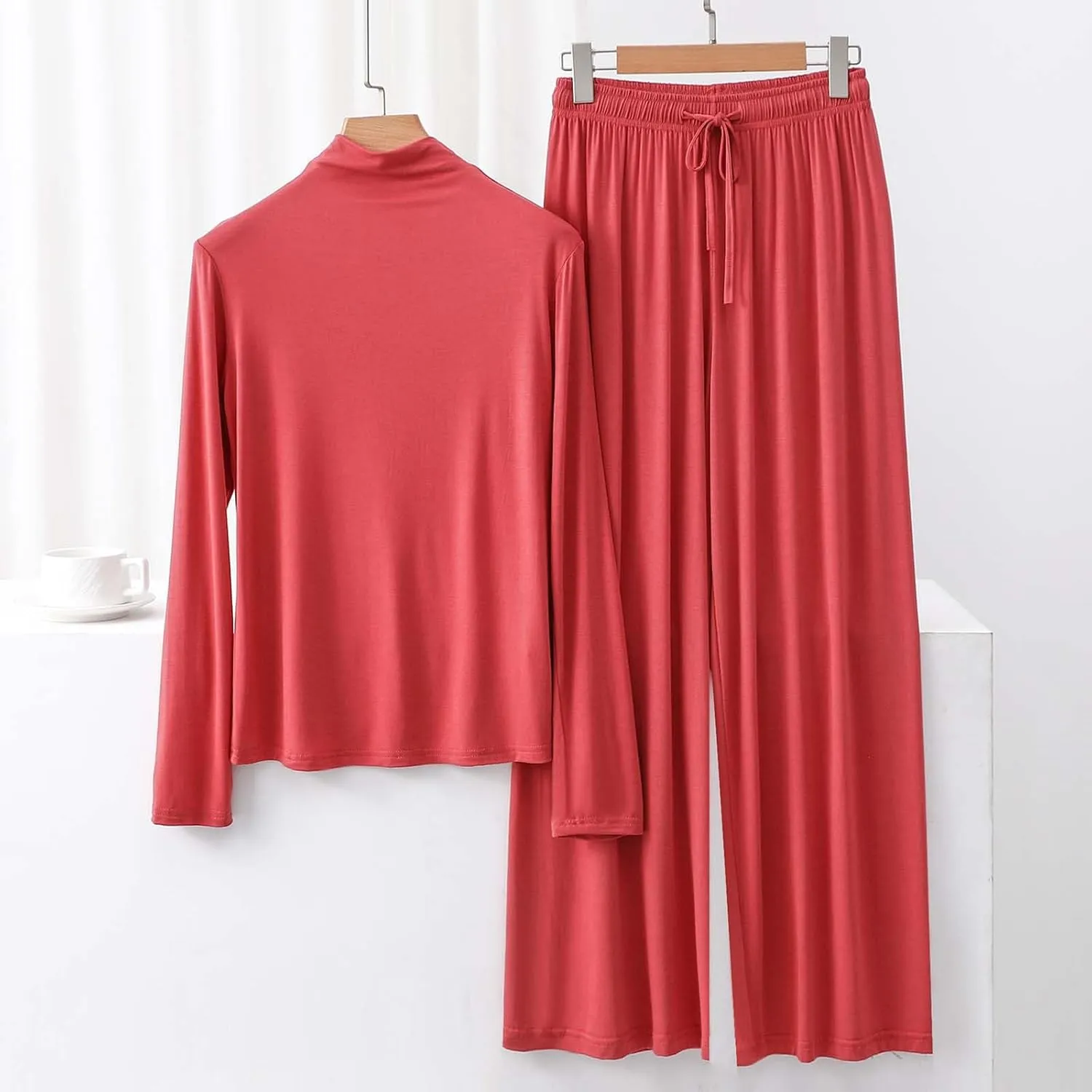 2 Piece Outfit Modal Lounge Set for Women Soft Comfy Pajamas Casual Mock Turtleneck Long Sleeve Tops Wide Leg Pants