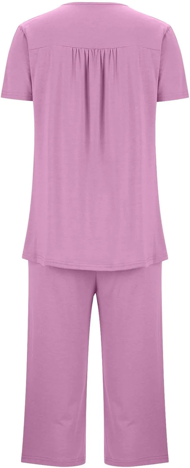 2 Piece Pajama Sets Womens Soft Sleepwear Printed Pj Lounge Sets With Pockets Short Sleeve With Capri Pajama Pant Set