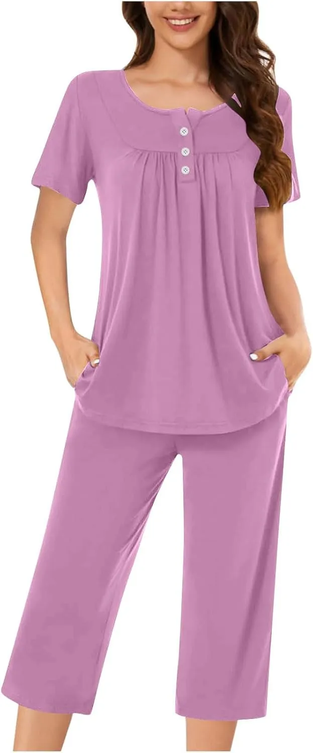 2 Piece Pajama Sets Womens Soft Sleepwear Printed Pj Lounge Sets With Pockets Short Sleeve With Capri Pajama Pant Set
