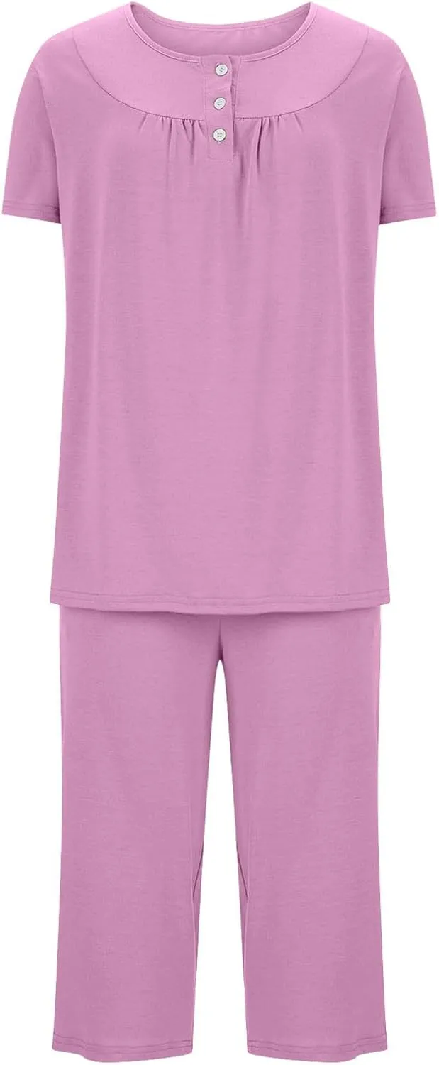 2 Piece Pajama Sets Womens Soft Sleepwear Printed Pj Lounge Sets With Pockets Short Sleeve With Capri Pajama Pant Set