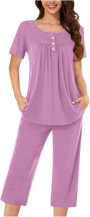 2 Piece Pajama Sets Womens Soft Sleepwear Printed Pj Lounge Sets With Pockets Short Sleeve With Capri Pajama Pant Set