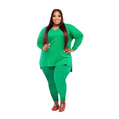 2 Piece Tracksuit Solid V neck Long