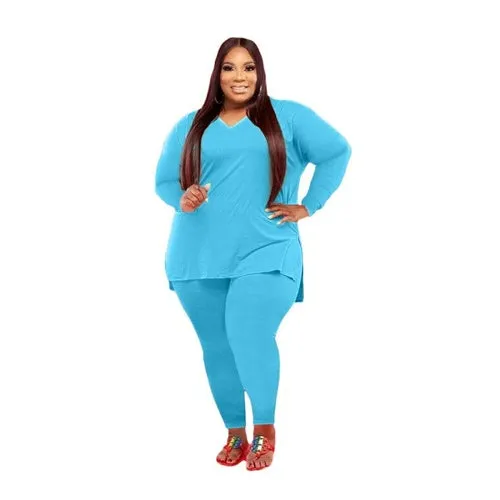 2 Piece Tracksuit Solid V neck Long