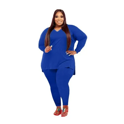 2 Piece Tracksuit Solid V neck Long