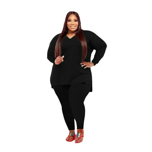 2 Piece Tracksuit Solid V neck Long