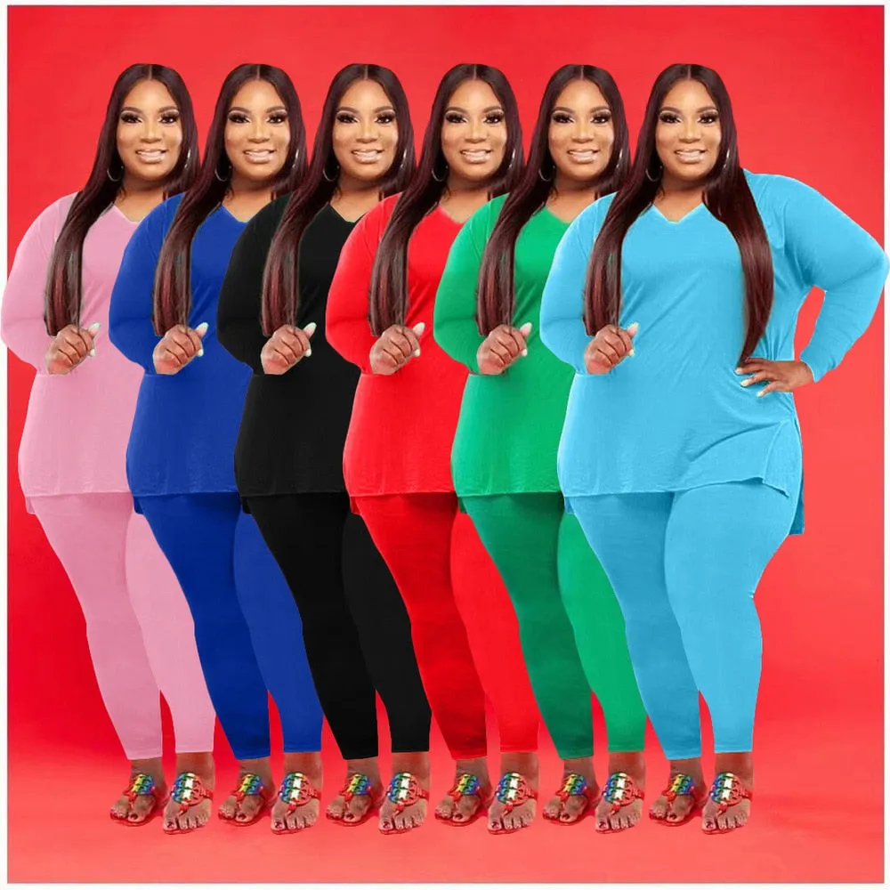 2 Piece Tracksuit Solid V neck Long