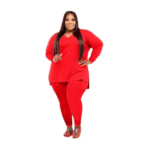 2 Piece Tracksuit Solid V neck Long