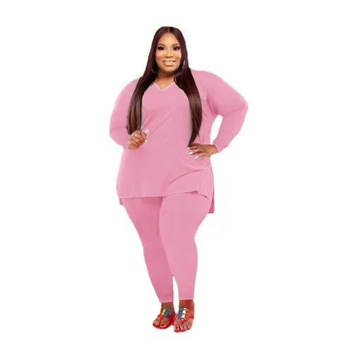 2 Piece Tracksuit Solid V neck Long