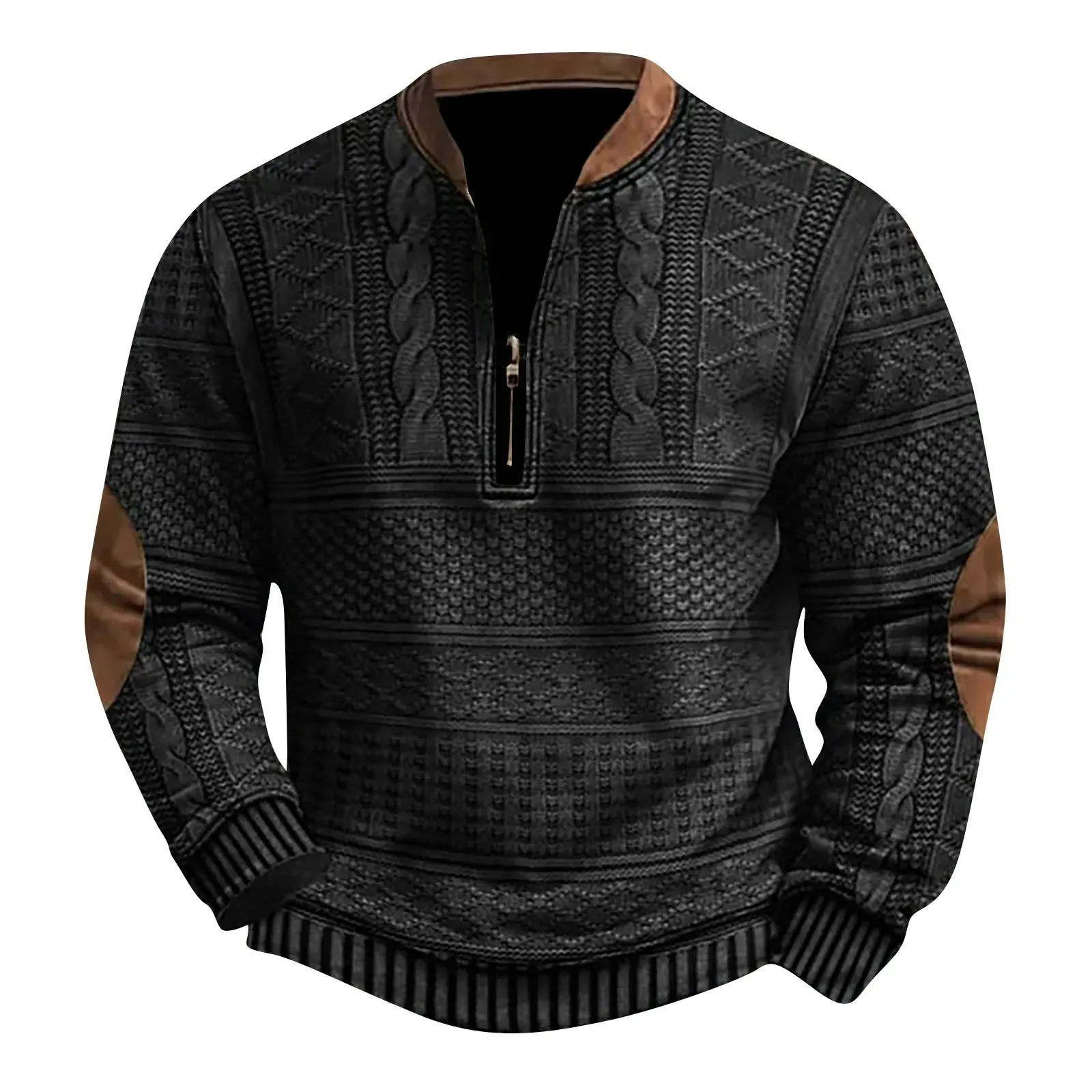 2024 Men's New Retro Casual Ethnic Style Printed Zipper Sweatshirt Warm Slim Pullover Suitable for Autumn and Winter