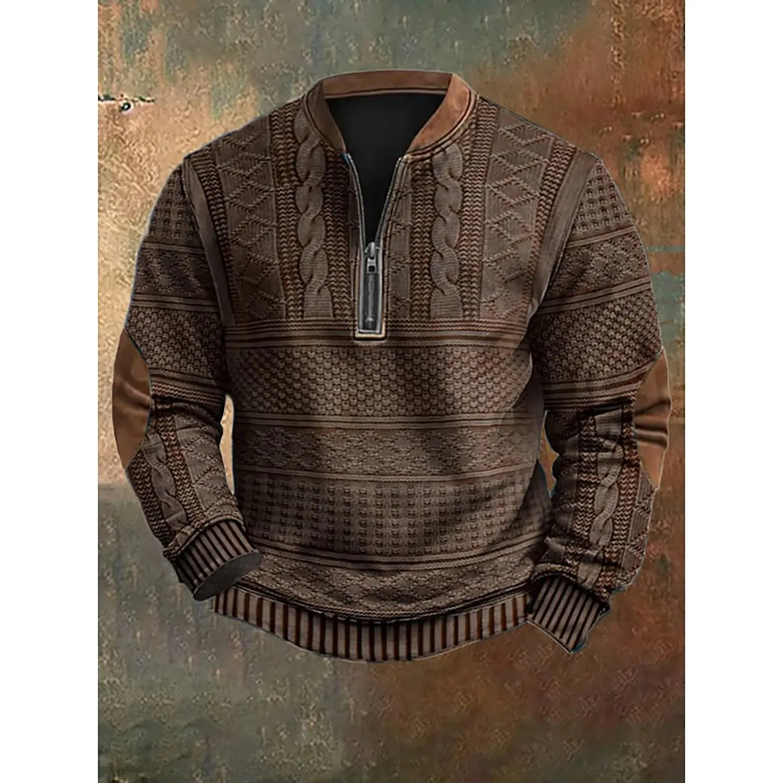 2024 Men's New Retro Casual Ethnic Style Printed Zipper Sweatshirt Warm Slim Pullover Suitable for Autumn and Winter