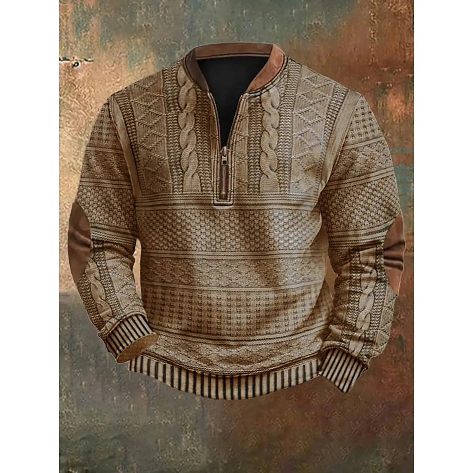 2024 Men's New Retro Casual Ethnic Style Printed Zipper Sweatshirt Warm Slim Pullover Suitable for Autumn and Winter