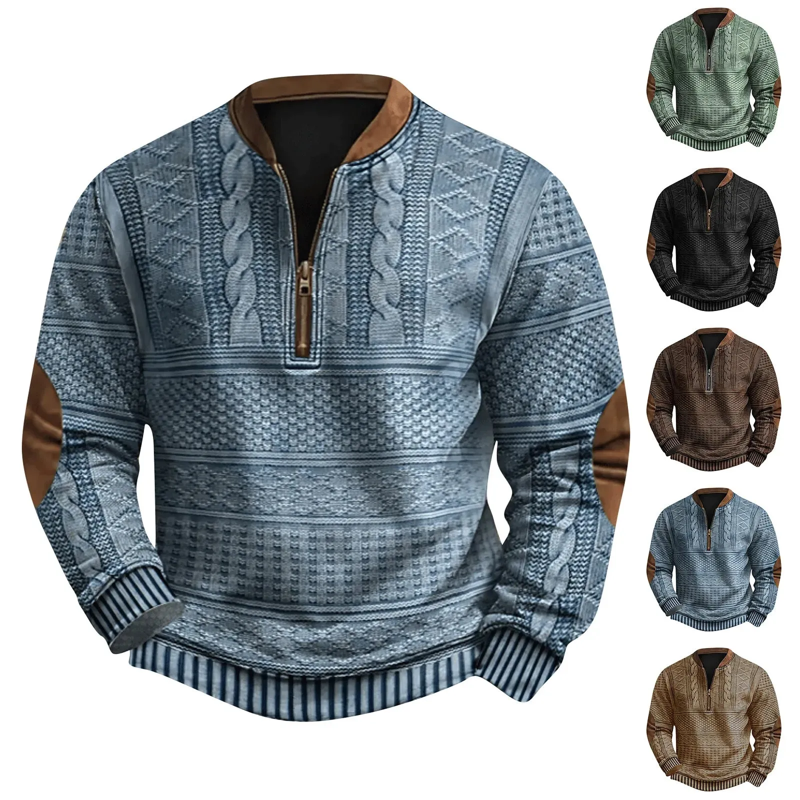 2024 Men's New Retro Casual Ethnic Style Printed Zipper Sweatshirt Warm Slim Pullover Suitable for Autumn and Winter