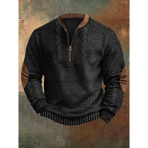 2024 Men's New Retro Casual Ethnic Style Printed Zipper Sweatshirt Warm Slim Pullover Suitable for Autumn and Winter