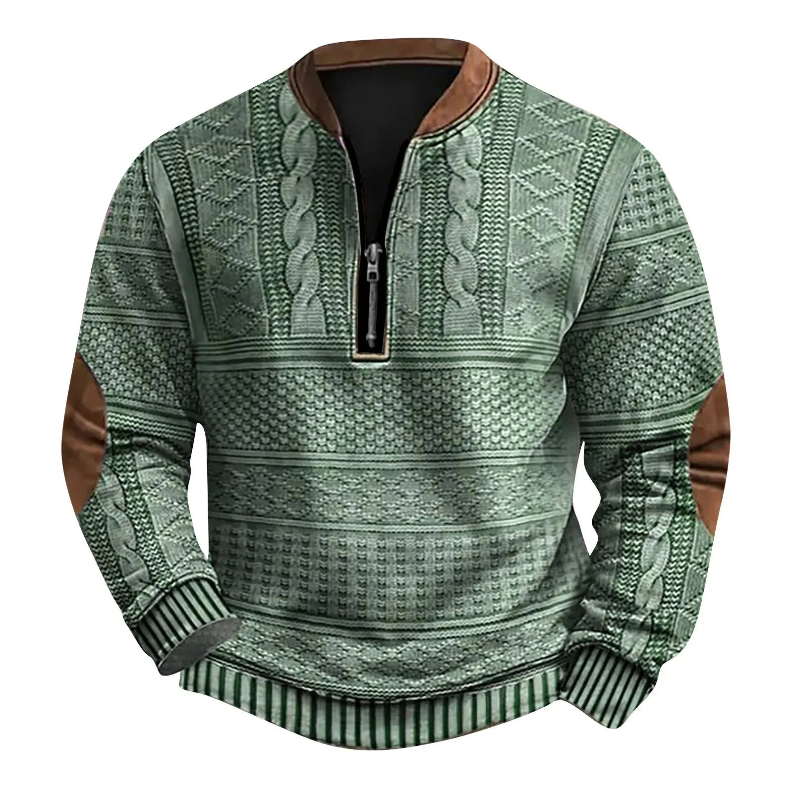 2024 Men's New Retro Casual Ethnic Style Printed Zipper Sweatshirt Warm Slim Pullover Suitable for Autumn and Winter