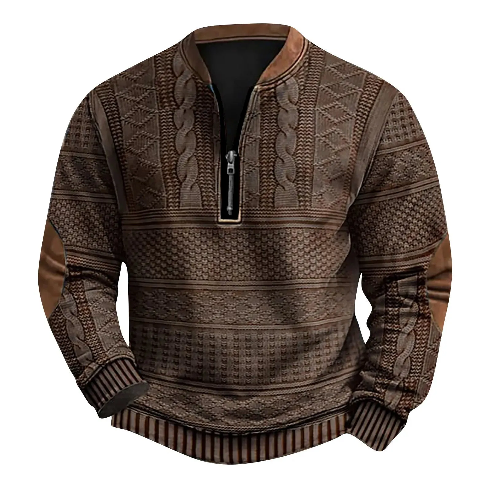 2024 Men's New Retro Casual Ethnic Style Printed Zipper Sweatshirt Warm Slim Pullover Suitable for Autumn and Winter