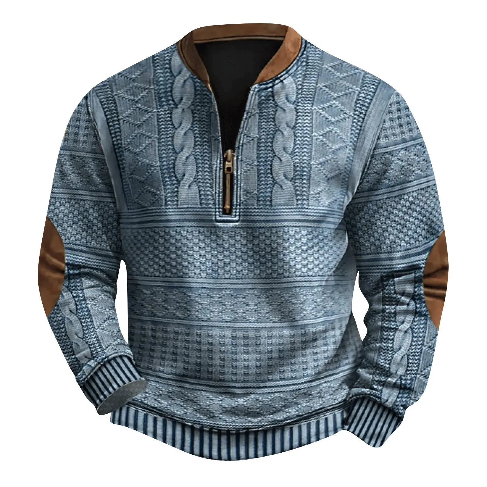 2024 Men's New Retro Casual Ethnic Style Printed Zipper Sweatshirt Warm Slim Pullover Suitable for Autumn and Winter