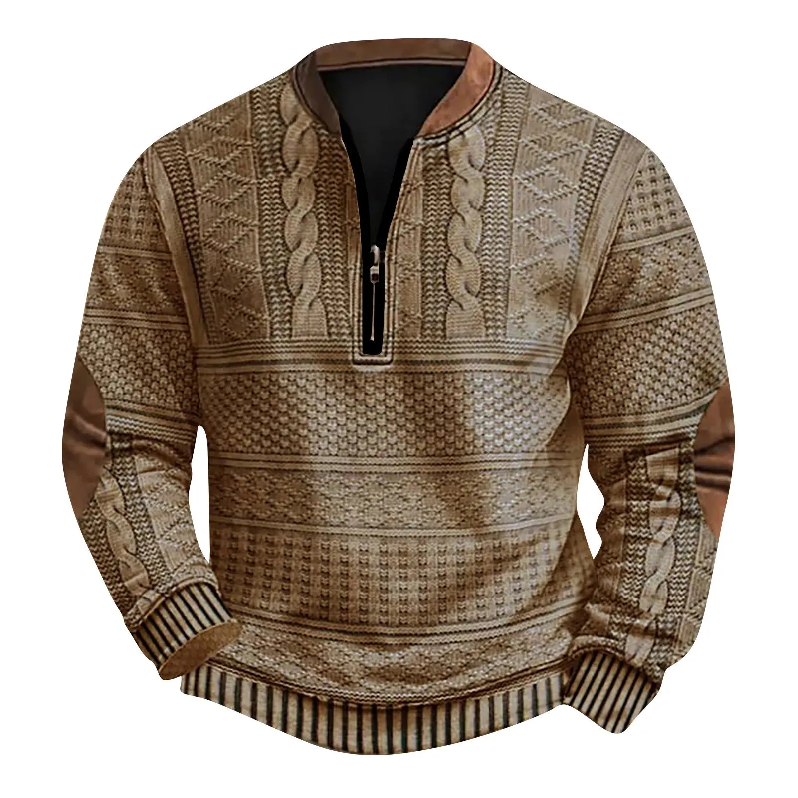 2024 Men's New Retro Casual Ethnic Style Printed Zipper Sweatshirt Warm Slim Pullover Suitable for Autumn and Winter