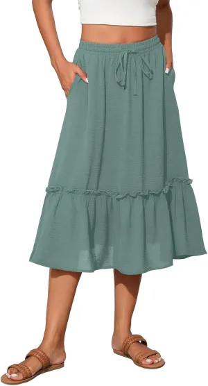 2025 Pleated Midi Length Skirt for Women Trendy Summer Casual Elastic High Waist A-Line Flowy Beach Vacation Skirts