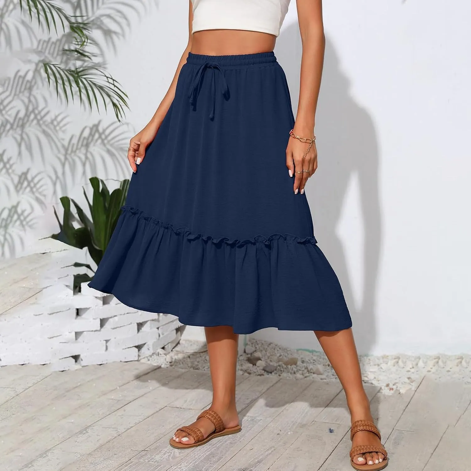 2025 Pleated Midi Length Skirt for Women Trendy Summer Casual Elastic High Waist A-Line Flowy Beach Vacation Skirts