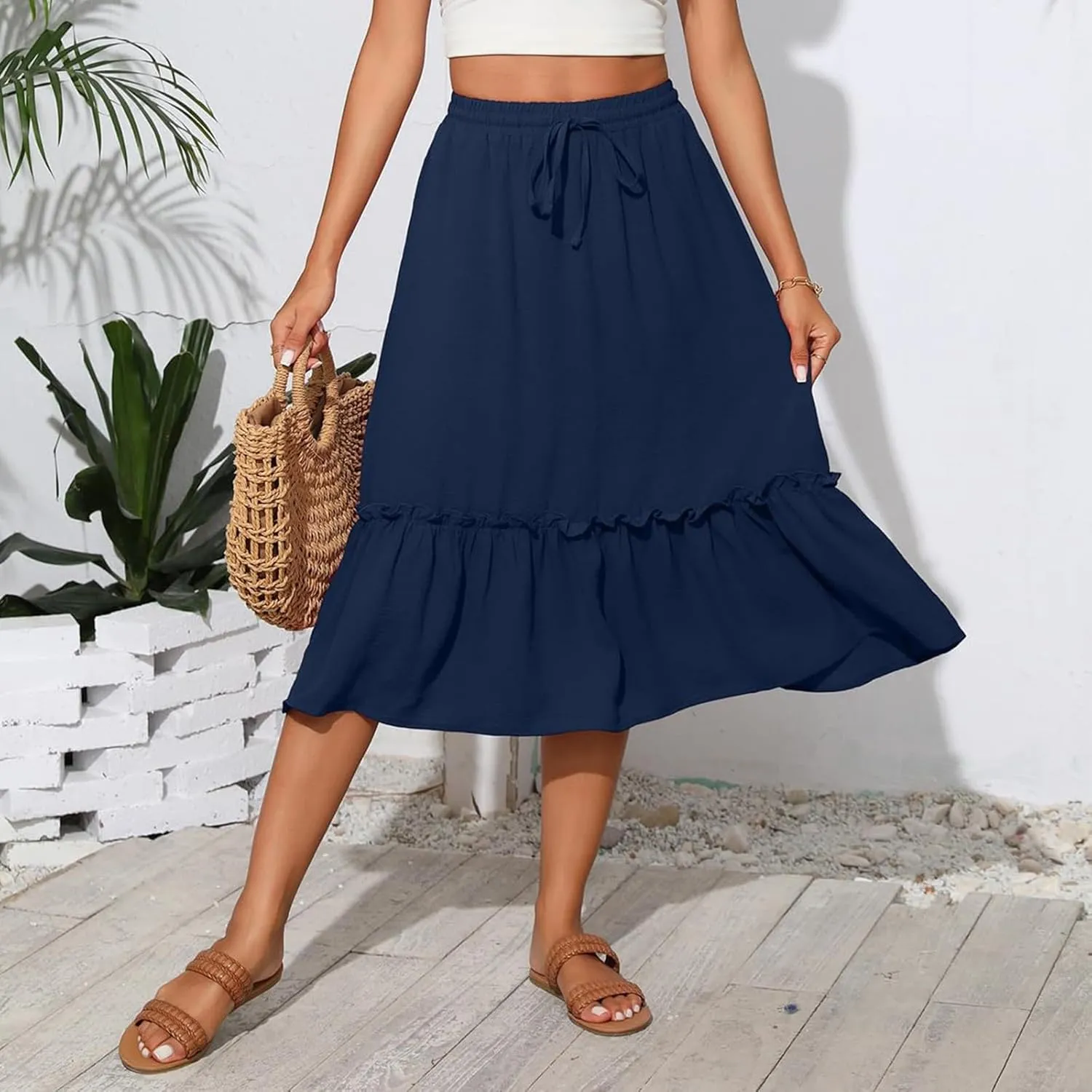 2025 Pleated Midi Length Skirt for Women Trendy Summer Casual Elastic High Waist A-Line Flowy Beach Vacation Skirts