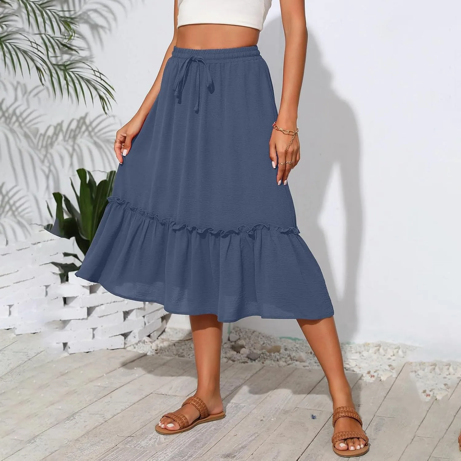 2025 Pleated Midi Length Skirt for Women Trendy Summer Casual Elastic High Waist A-Line Flowy Beach Vacation Skirts