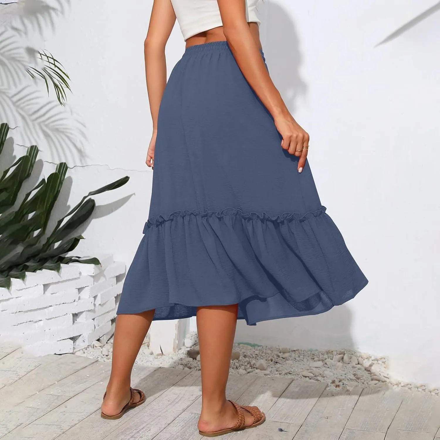 2025 Pleated Midi Length Skirt for Women Trendy Summer Casual Elastic High Waist A-Line Flowy Beach Vacation Skirts