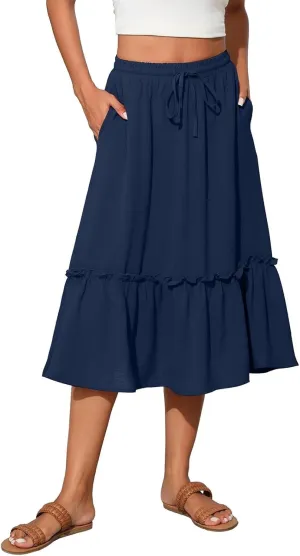 2025 Pleated Midi Length Skirt for Women Trendy Summer Casual Elastic High Waist A-Line Flowy Beach Vacation Skirts