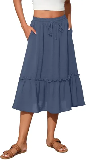 2025 Pleated Midi Length Skirt for Women Trendy Summer Casual Elastic High Waist A-Line Flowy Beach Vacation Skirts