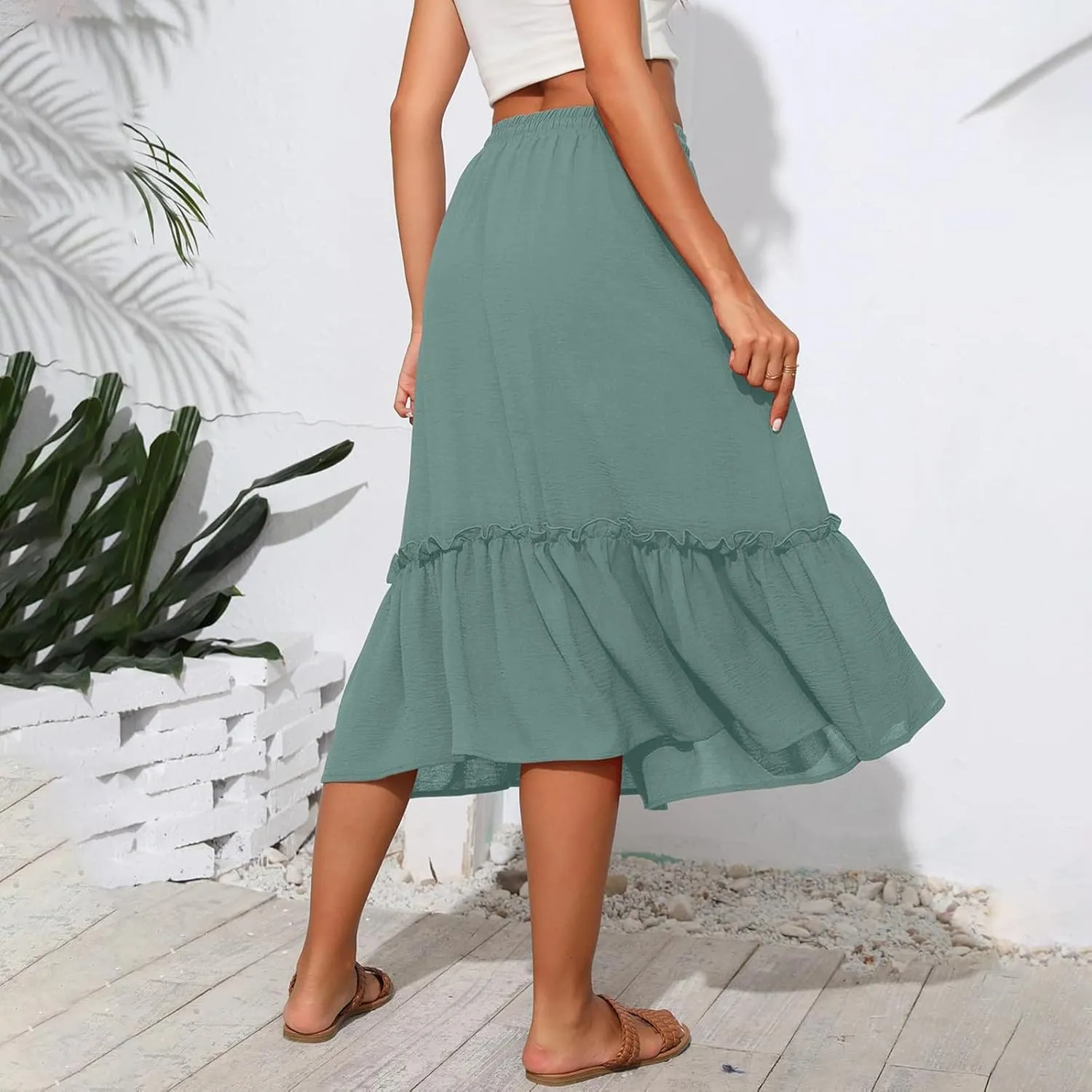 2025 Pleated Midi Length Skirt for Women Trendy Summer Casual Elastic High Waist A-Line Flowy Beach Vacation Skirts