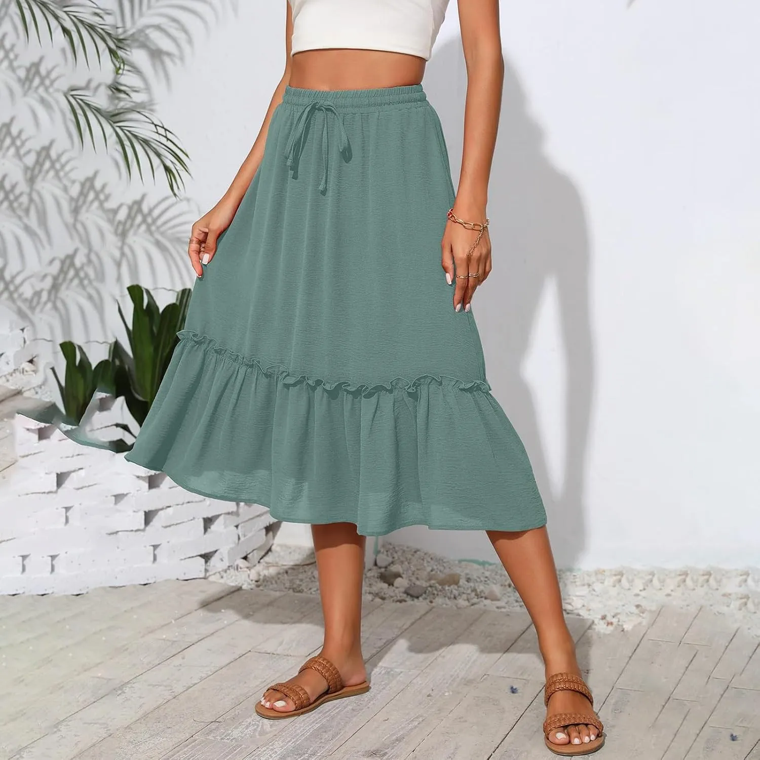 2025 Pleated Midi Length Skirt for Women Trendy Summer Casual Elastic High Waist A-Line Flowy Beach Vacation Skirts