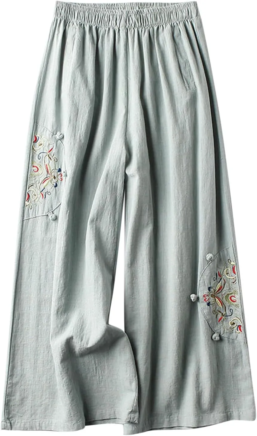 2025 Women Boho Floral Cotton Linen Pants Casual Beach High Elastic Waist Capri Print Flowy Ethnic Embroidered Pant