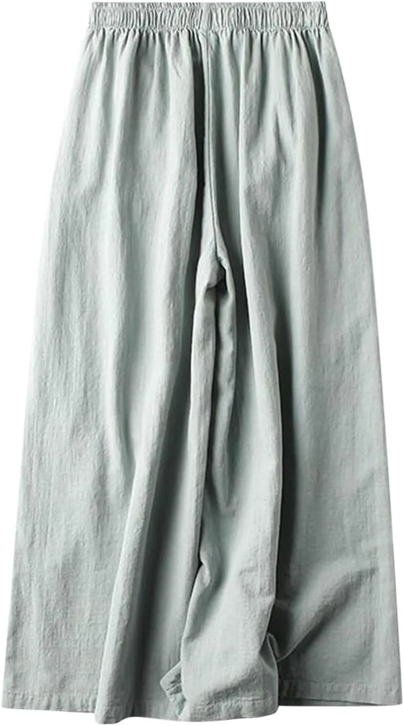 2025 Women Boho Floral Cotton Linen Pants Casual Beach High Elastic Waist Capri Print Flowy Ethnic Embroidered Pant