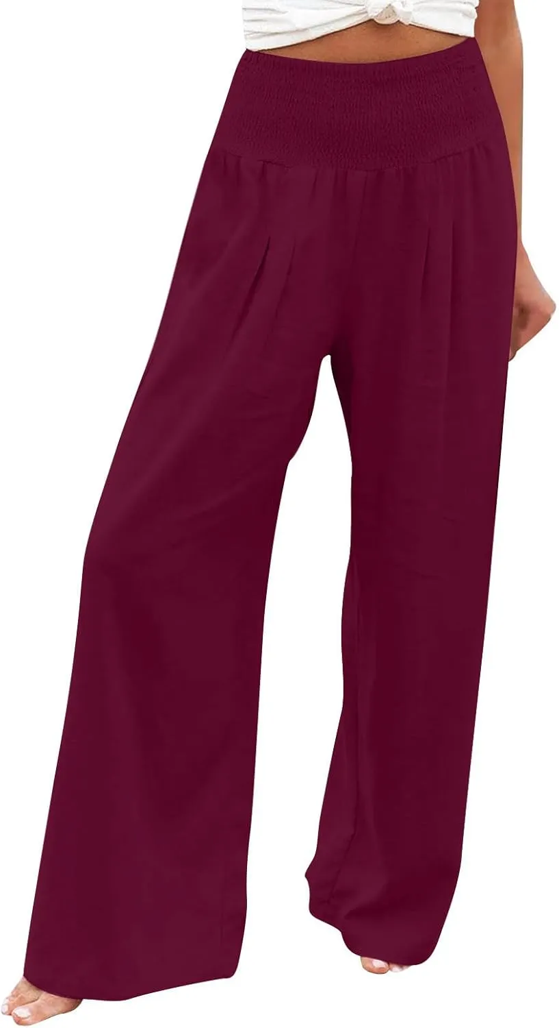2025 Women's Linen Blend Palazzo Pants Summer Wide Leg High Waist Trousers Casual Business Lounge Pant with Pockets