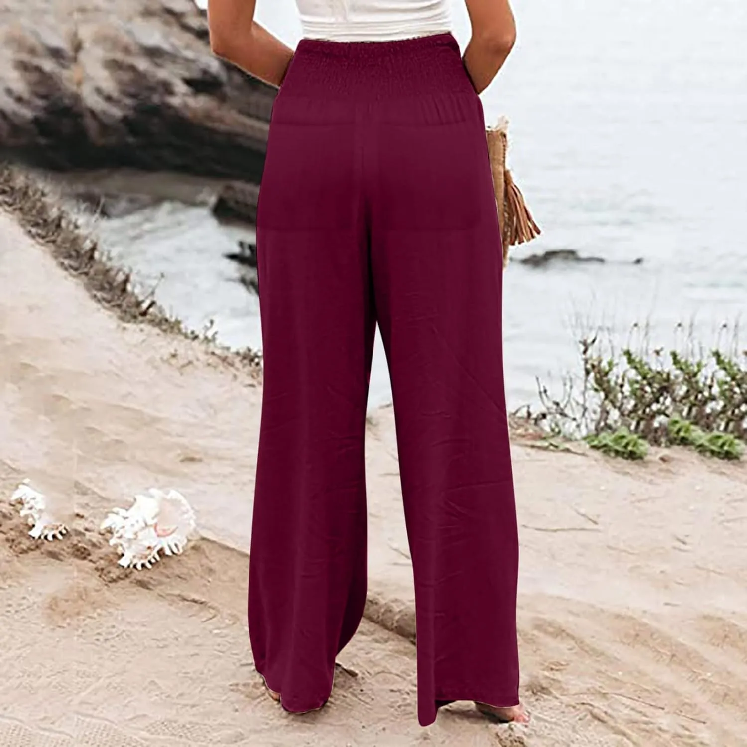 2025 Women's Linen Blend Palazzo Pants Summer Wide Leg High Waist Trousers Casual Business Lounge Pant with Pockets
