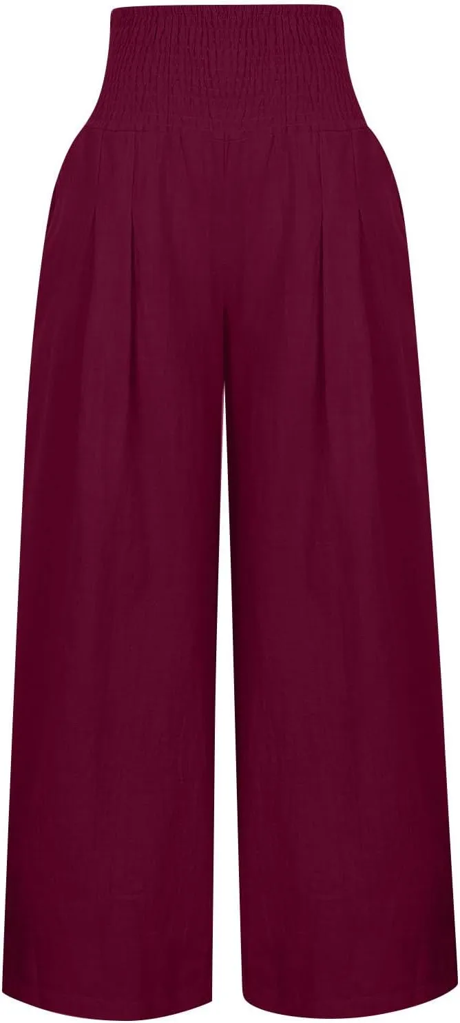 2025 Women's Linen Blend Palazzo Pants Summer Wide Leg High Waist Trousers Casual Business Lounge Pant with Pockets