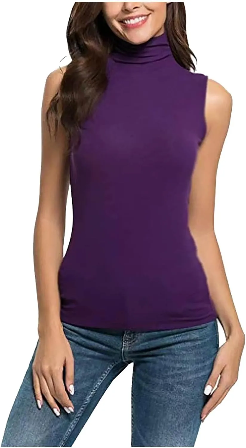 2025 Womens Sleeveless Turtleneck Tops Plus Size Mock High Neck Tank Tops Slim Fitted Undershirt Basic Layer Tees