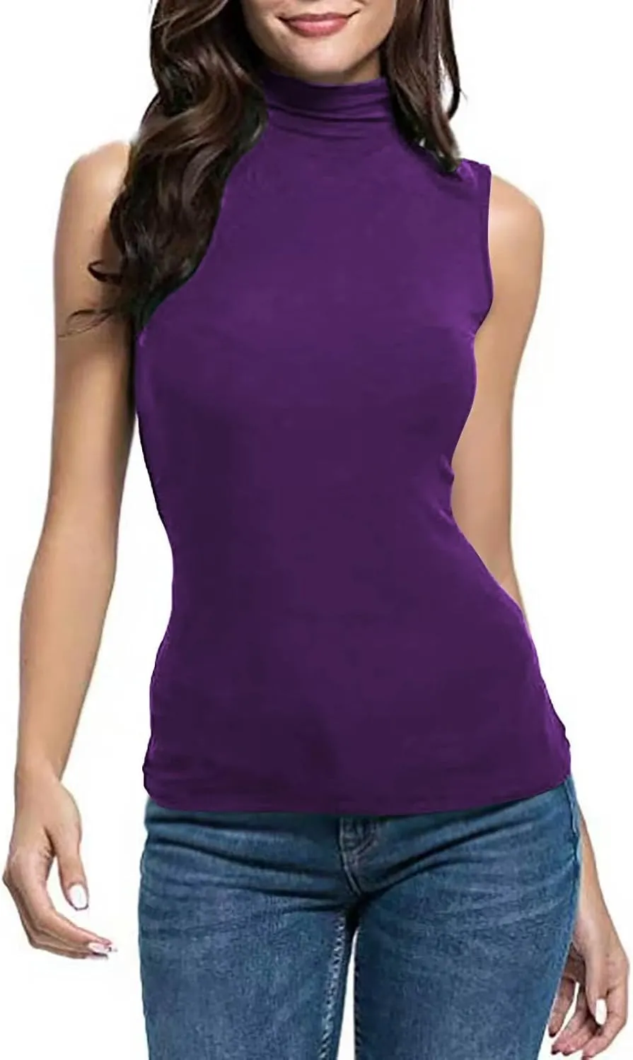2025 Womens Sleeveless Turtleneck Tops Plus Size Mock High Neck Tank Tops Slim Fitted Undershirt Basic Layer Tees