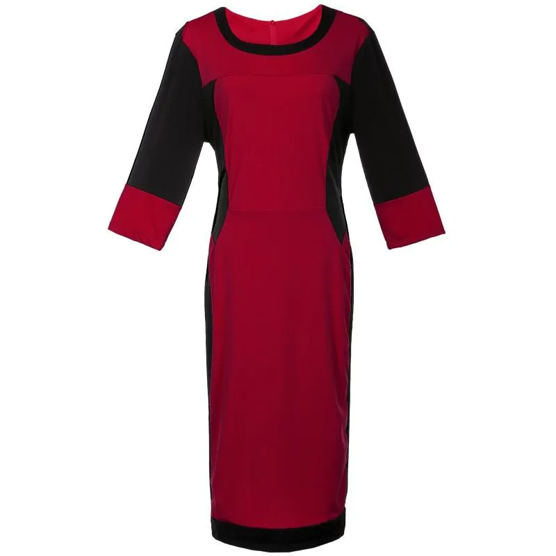 3/4 sleeve Hit Color Round neck Patchwork Plus size bodycon Dresses