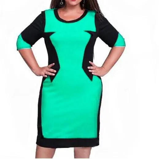 3/4 sleeve Hit Color Round neck Patchwork Plus size bodycon Dresses