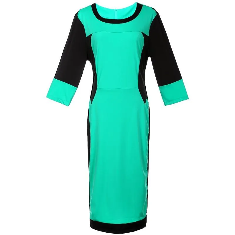 3/4 sleeve Hit Color Round neck Patchwork Plus size bodycon Dresses