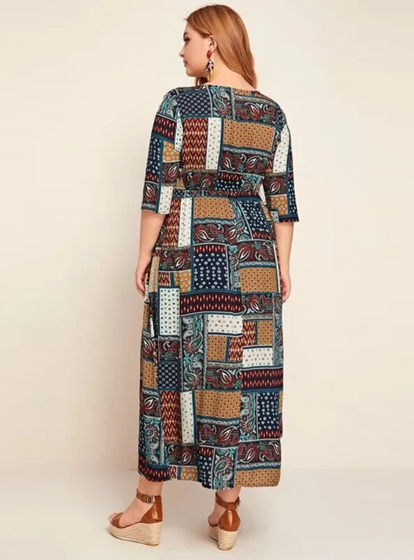3/4 sleeve Printed Long Casual Dress