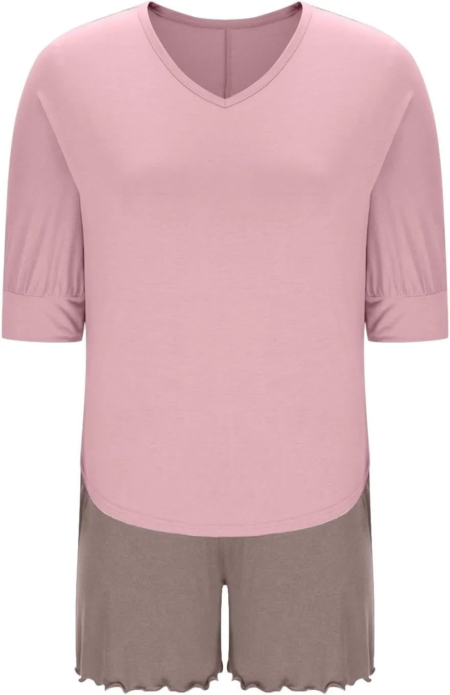 3/4 Sleeve Soft Modal Pajama Sets for Women Summer Shorts Sleepwear Loose V Neck Loungewear Set 2 Piece Outfits